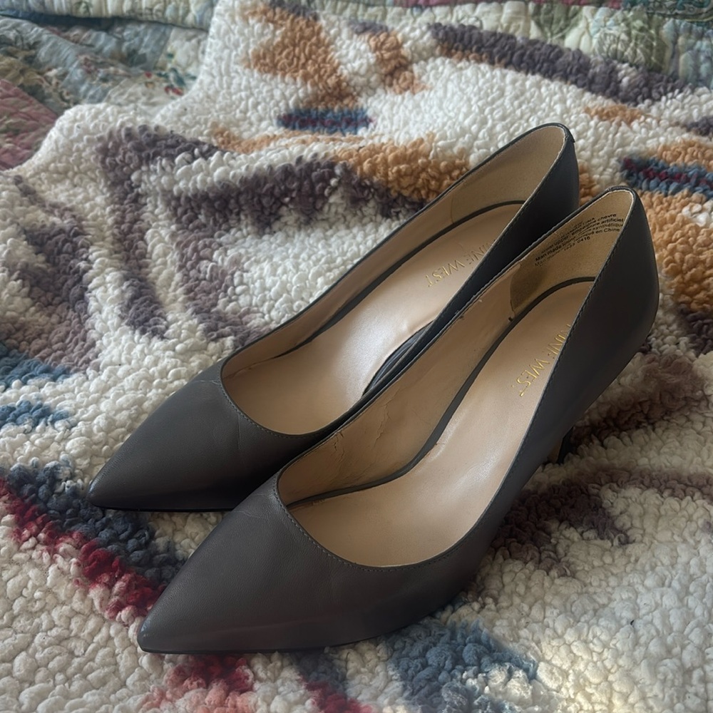 Grey leather stilettos